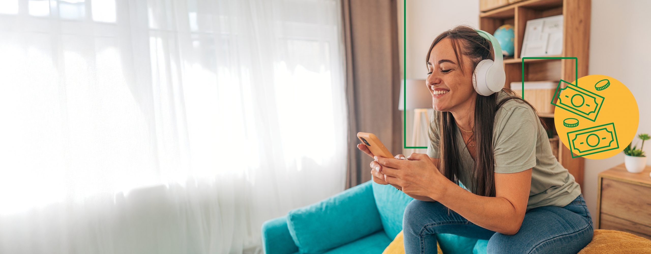 A girl sitting on a couch and listening to music_Hero