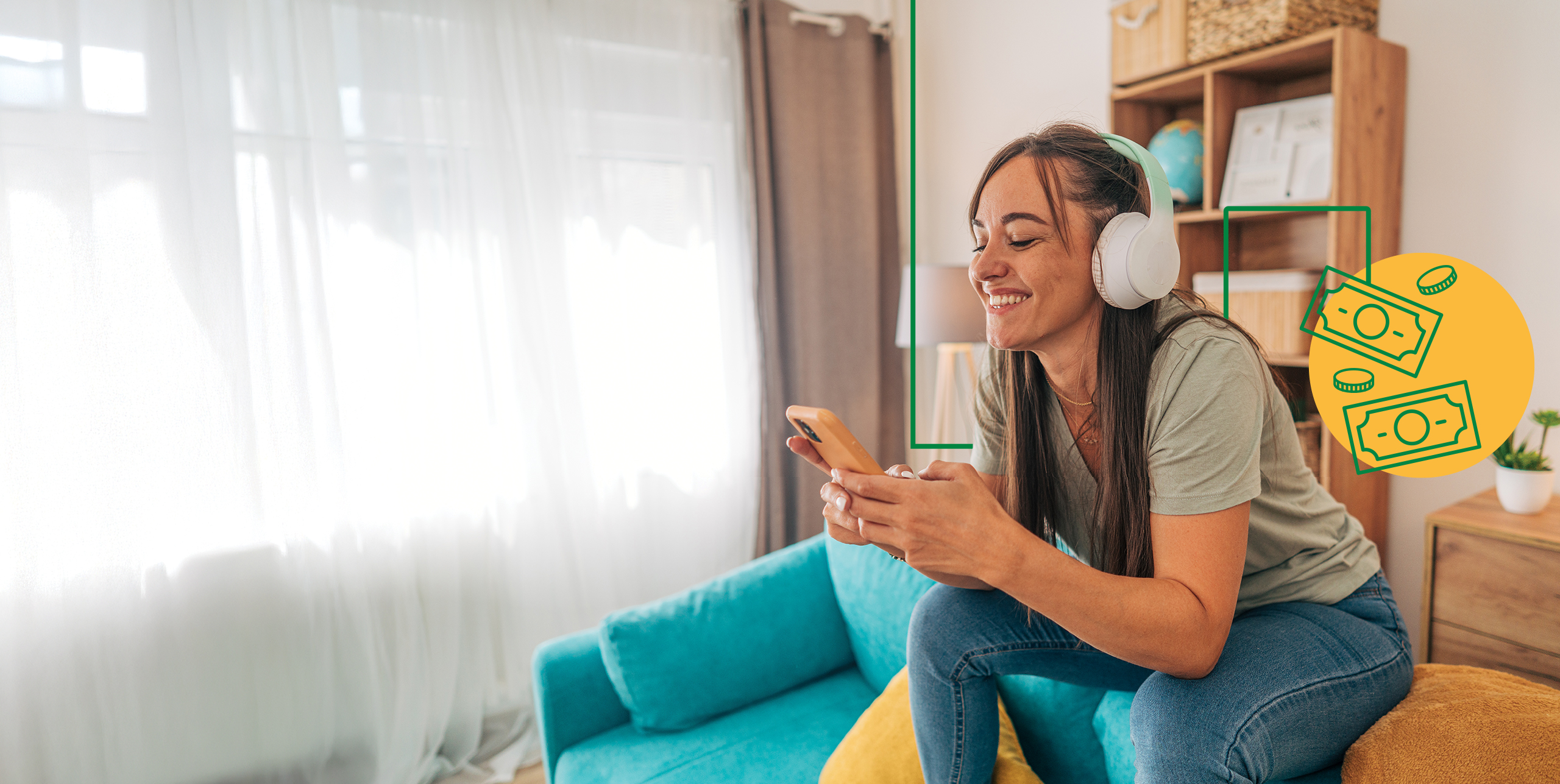 A girl sitting on a couch and listening to music_landing page