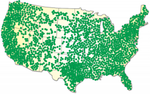 A map of the US showing all Allpoint ATM locations nationwide. 