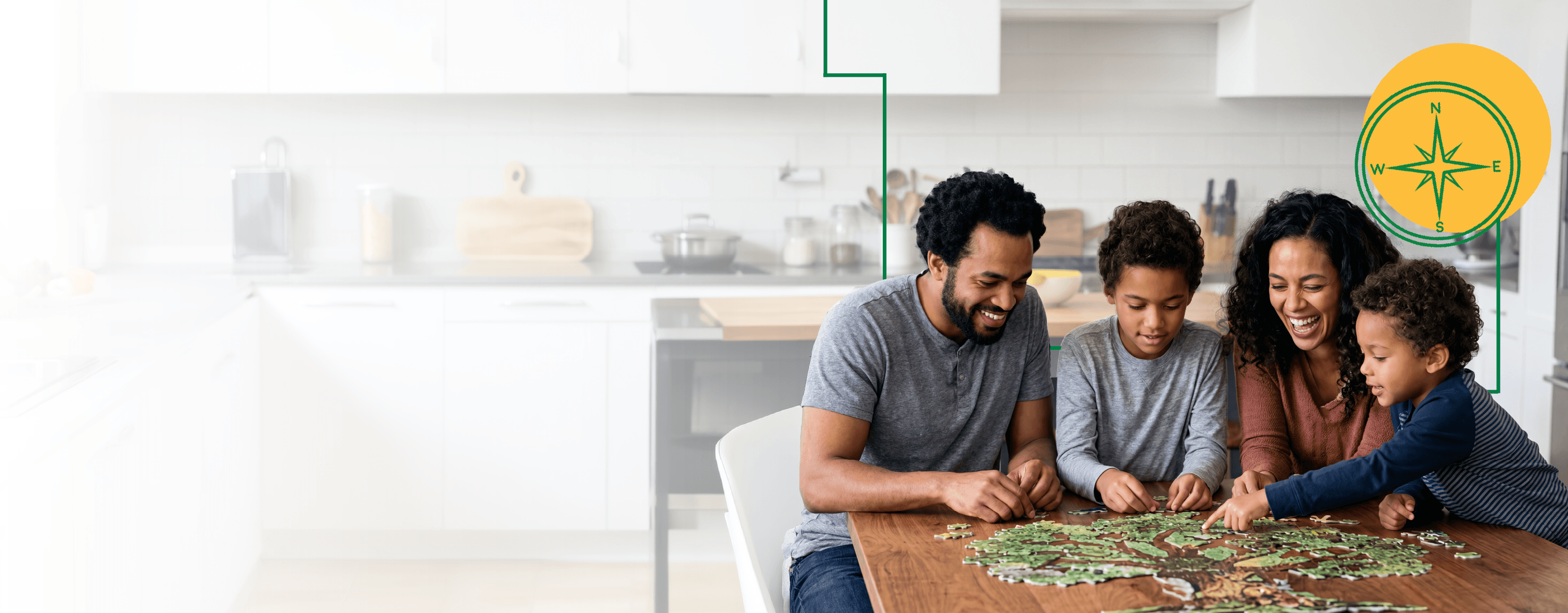 A family gathered around a kitchen table doing a puzzle of a tree