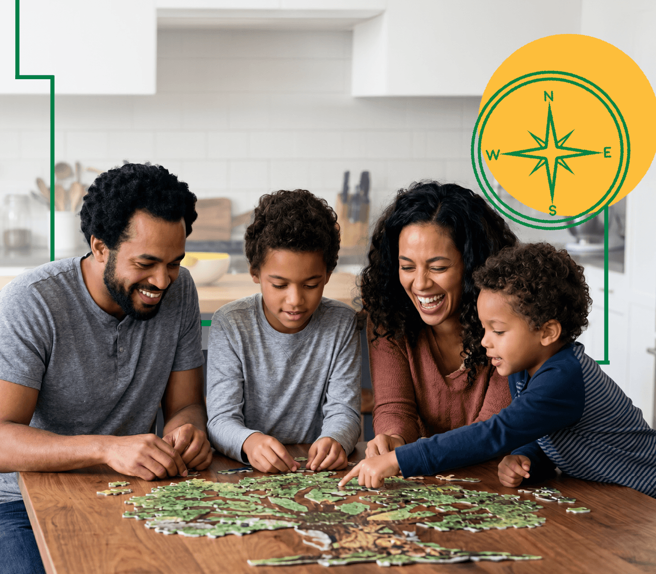 A family gathered around a kitchen table doing a puzzle of a tree